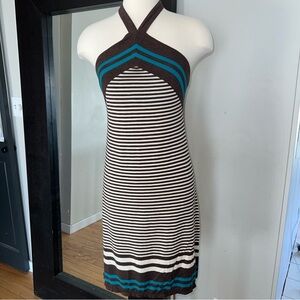 Max Studio Brown and Blue Sleeveless Halter Sheath Dress